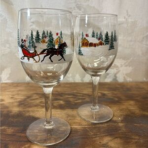 Vintage Holiday Wine Glasses with Sleigh and Cabin Design